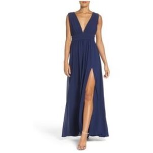New Lulus Plunging V Neck Chiffon Gown Navy Slit Chiffon Evening Dress Size XS